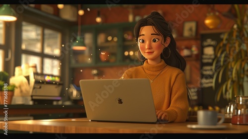 woman working on her laptop sitting at a coffee shop, 3d character model