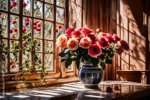 A charming artistic arrangement that adds appeal to a sunny conservatory is a bouquet of roses in a ceramic vase.