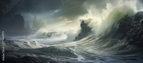 A massive wind wave caused by strong winds is crashing onto the rocky shore, creating a spectacular meteorological phenomenon in the ocean landscape © AkuAku
