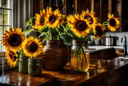 a picture of a colorful sunflower arrangement in a rustic mason jar vase that gives a farmhouse kitchen a little bit of the great outdoors