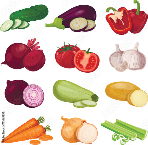 Set of berries and fruits, vegetables on a white background. Vector icon	
