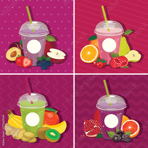 Plastic cups with smoothies, fruits and vegetables. Vector composition