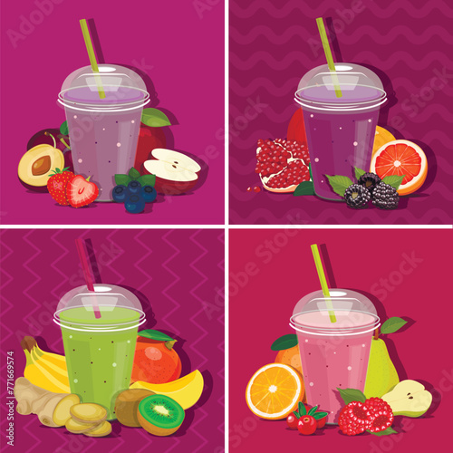 Plastic cups with smoothies, fruits and vegetables. Vector composition