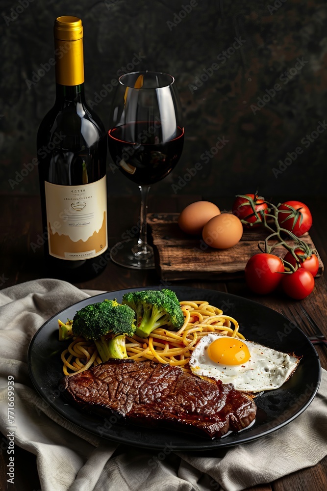 Still life photography, a plate steak paired with pasta on the dinner table at night, Black iron dining plate, 