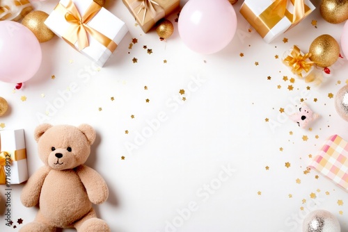 celebratory display featuring a teddy bear, gifts, and pink balloons.