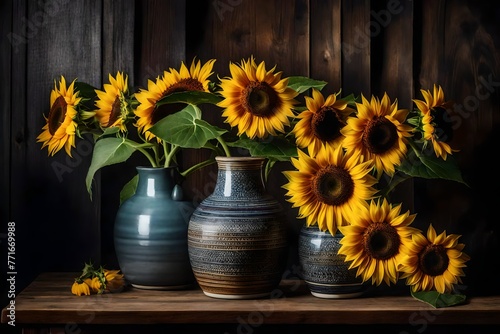 A detailed view of a rustic ceramic vase with sunflowers, placed on a wooden kitchen island 