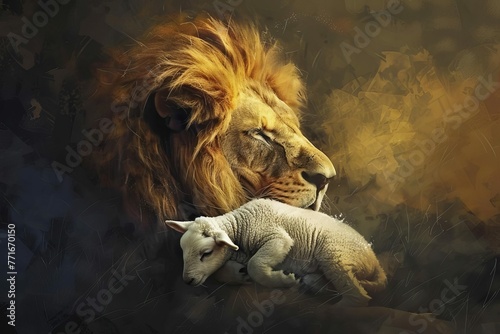 Conceptual illustration of a lion and lamb together, symbol of peace and harmony, digital painting with spiritual meaning