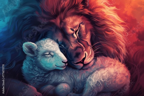 Conceptual illustration of a lion and lamb together, symbol of peace and harmony, digital painting with spiritual meaning photo