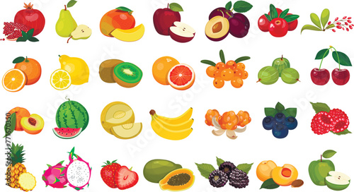 Set of berries and fruits, vegetables on a white background. Vector icon