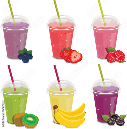 Plastic cups with smoothies, fruits and vegetables. Vector composition