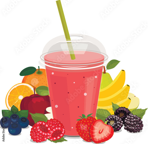 Plastic cups with smoothies, fruits and vegetables. Vector composition