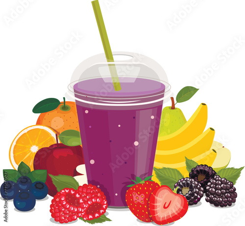 Plastic cups with smoothies, fruits and vegetables. Vector composition