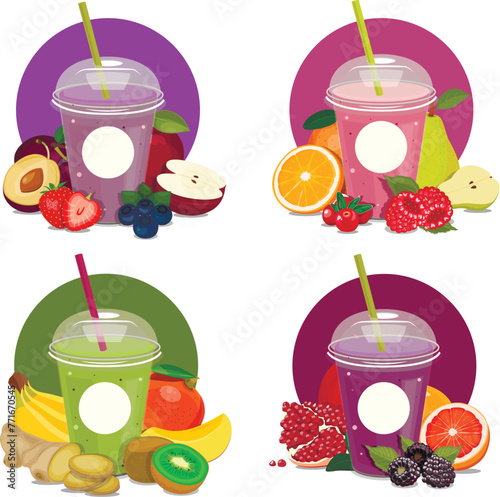 Plastic cups with smoothies, fruits and vegetables. Vector composition