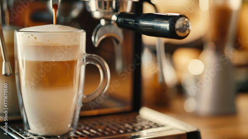 Close-up of Almond Milk Latte in a blurry coffee maker background