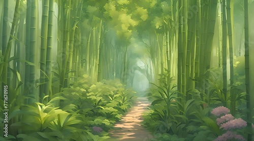 bamboo forest with paths, calming cartoon animation