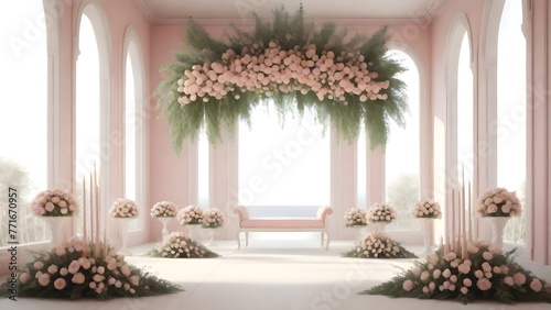 Elegant Pink Wedding backdrop  The room is decorated with beautiful flowers