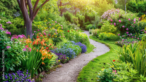 Flower filled garden path surrounded