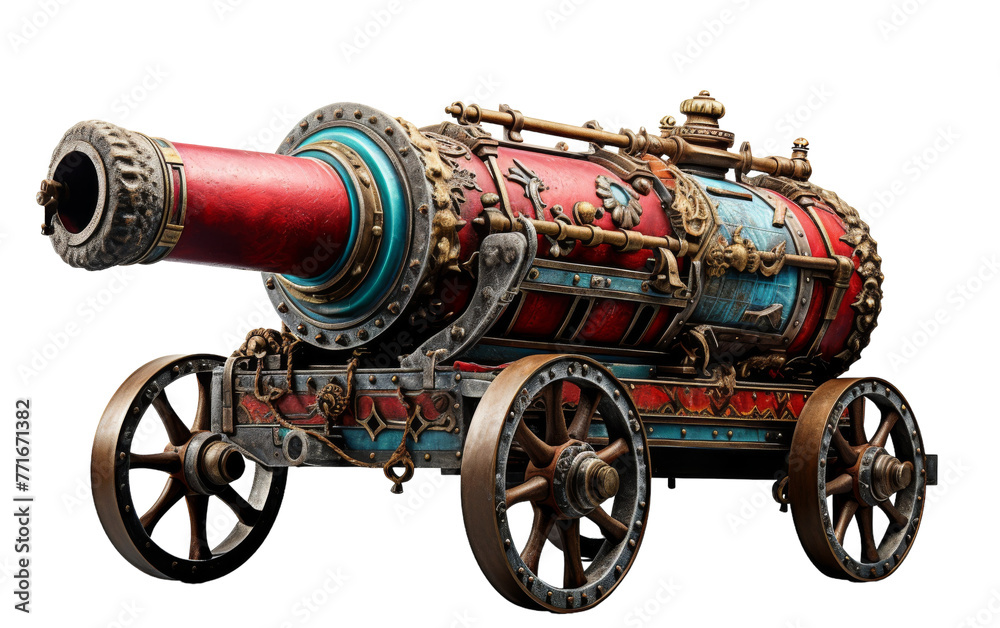 A red and blue cannon rests on top of a wooden cart