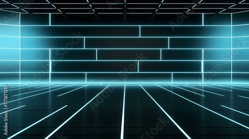 Virtual Room with cyan Neon Lights. Futuristic Backdrop for Product Presentation