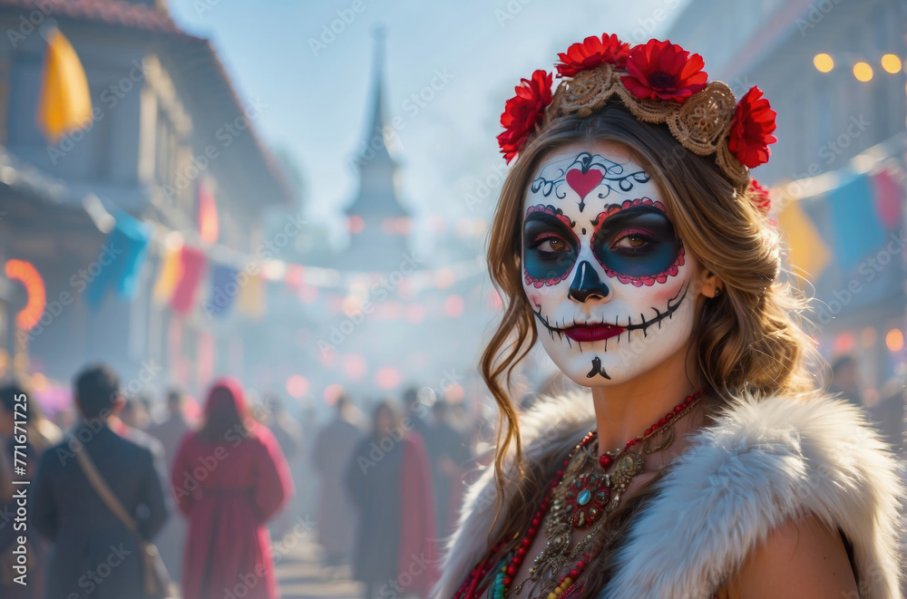 beautiful woman with painted skull on her face for Mexico's Day of the Dead