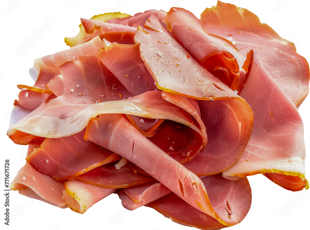 Delicate ham slices cut out on transparent background