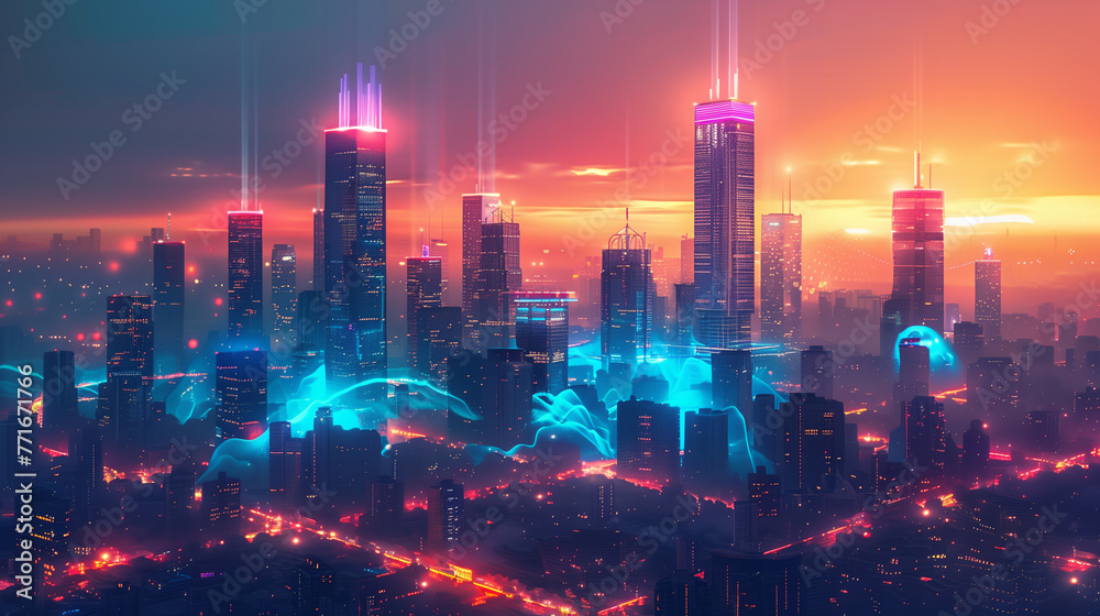 Fototapeta premium Futuristic city - psychic waves style