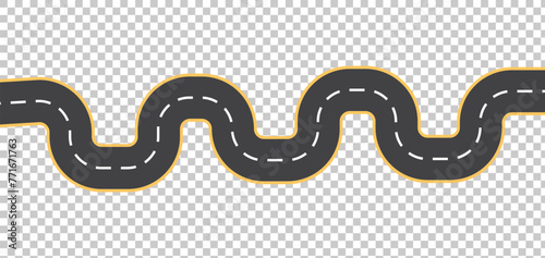 Horizontal asphalt road template. Winding road vector illustration. Seamless highway marking Isolated on background. Winding Road Isolated Transparent Special Effect. eps 10