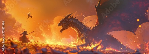 Artistic concept of a dragon embroiled in battle with giant monsters an illustration of fantasy and adventure photo