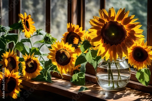 An up-close view showcasing the exquisiteness of a glass vase brimming with vivid sunflowers situated on a wooden windowsill