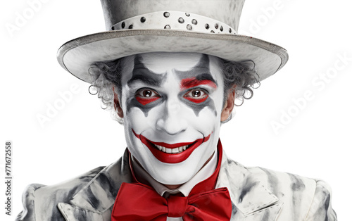 A man embodying the Joker character, wearing a top hat and bow tie, exudes charisma and playfulness