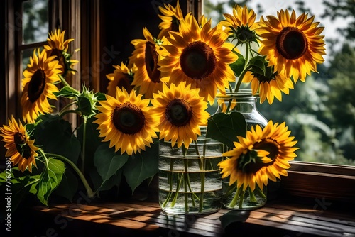 The magnificence of a glass vase brimming with vivid sunflowers on a wooden windowsill is captured in this close-up picture.