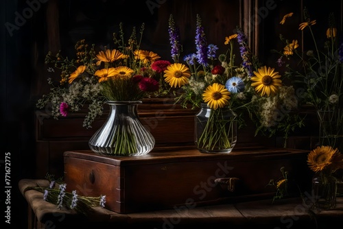 An intricate picture of an old wooden chest in a comfortable nook, including a crystal vase filled with a variety of wildflowers 