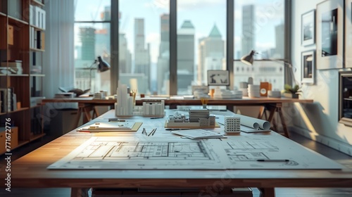 Architects Office Sleek architects office overlooking the city large drafting table with blueprints and model buildings