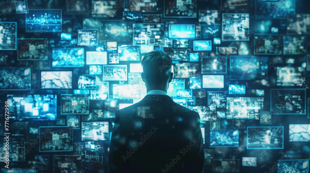 Amidst a sea of screens a business person navigates the digital deluge of data and relentless social media alerts Amidst a sea of screens a business person navigates the digital deluge of data and relentless social media alerts