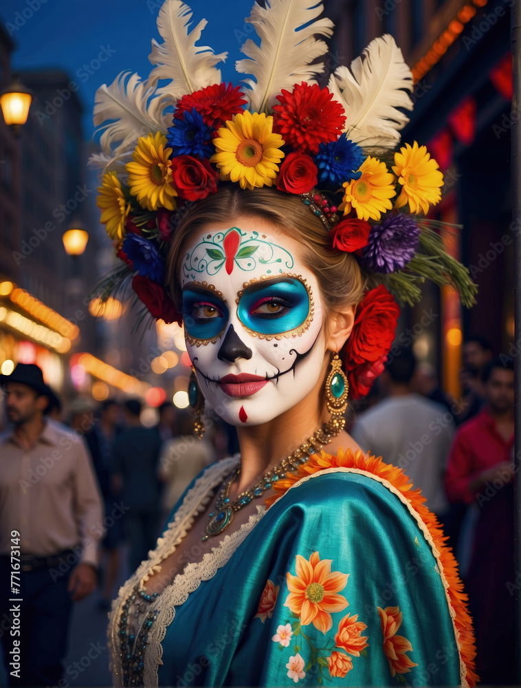 beautiful woman with painted skull on her face for Mexico's Day of the Dead