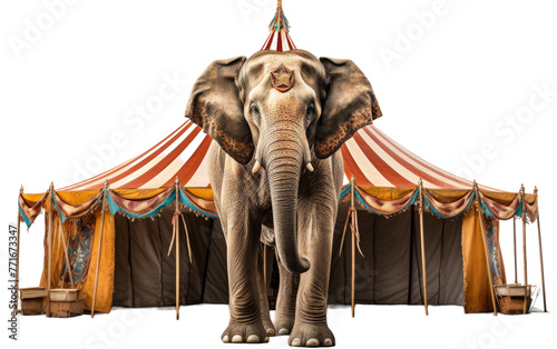 A majestic elephant stands proudly in front of a colorful circus tent, creating a magical and whimsical scene