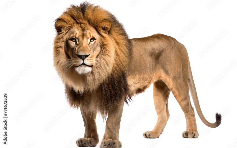 A powerful lion standing proudly on a white background, exuding strength and confidence