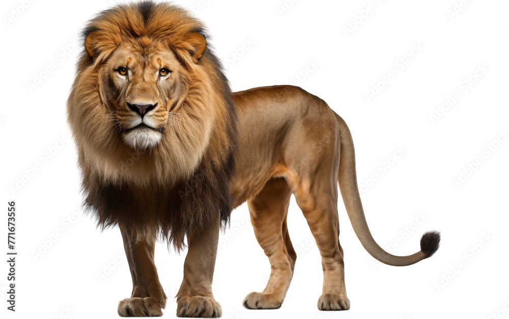 A large lion proudly standing in front of a stark white background