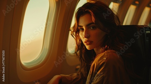 Tourist travel by plane background. Beautiful woman sits on an airplane looks at the view.