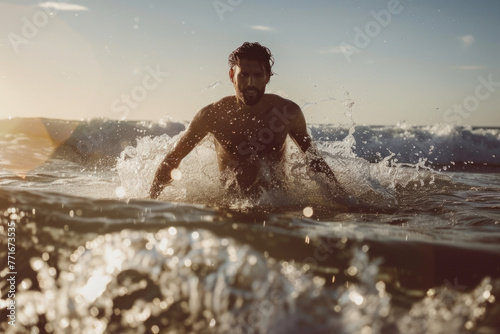 A man confidently traversing through water with waves gently parting around him