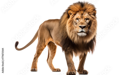 A magnificent lion stands proudly on a pristine white background