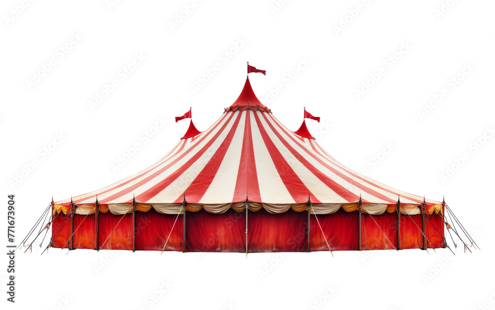 A large red and white circus tent stands boldly on a blank canvas, commanding attention