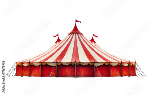 A large red and white circus tent stands boldly on a blank canvas, commanding attention