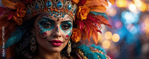 beautiful woman with painted skull on her face for Mexico's Day of the Dead