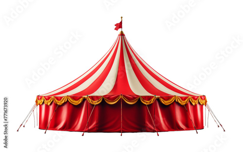 A vibrant red and white circus tent stands tall against a clean white backdrop