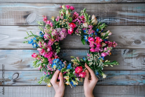 DIY wreath: a bright wreath of various flowers in women’s hands on wooden background, Top view