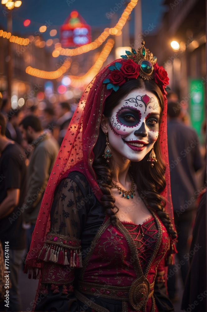 beautiful woman with painted skull on her face for Mexico's Day of the Dead