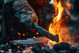 A blacksmith heating an iron tool in a forge