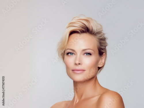 Beautiful middle age woman on pastel background with copy space