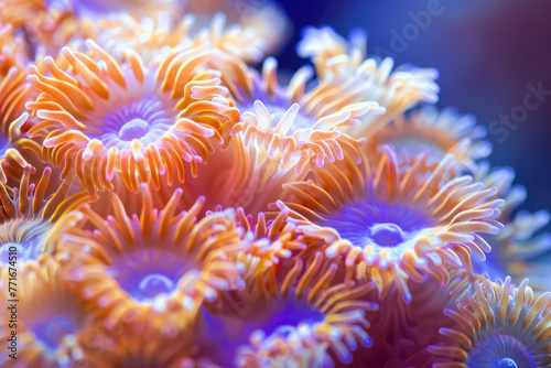A close up of a coral reef with many orange and blue flowers. The colors are vibrant and the flowers are large and full. Concept of wonder and awe at the beauty of the underwater world © Mongkol
